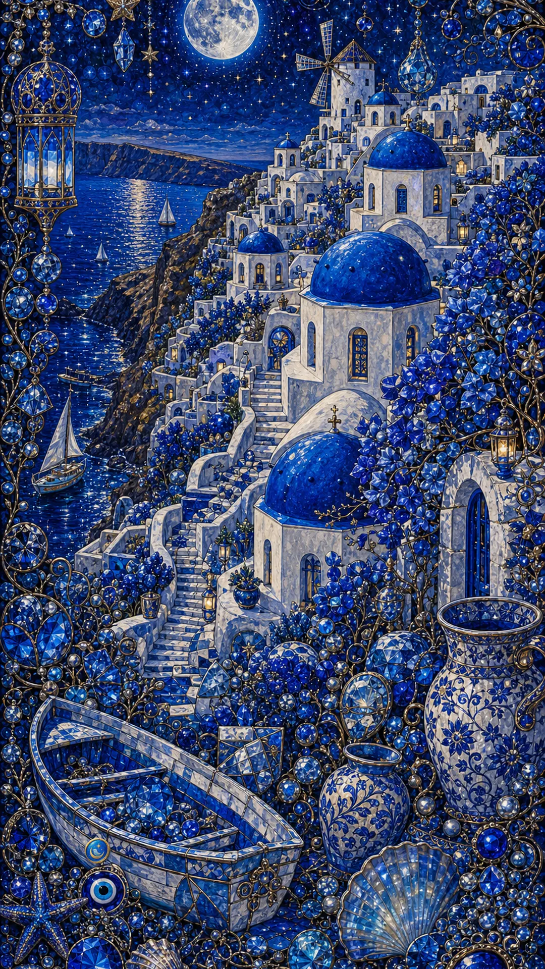 ギリシャ・サントリーニの丘を描いたBLUE COIN作品