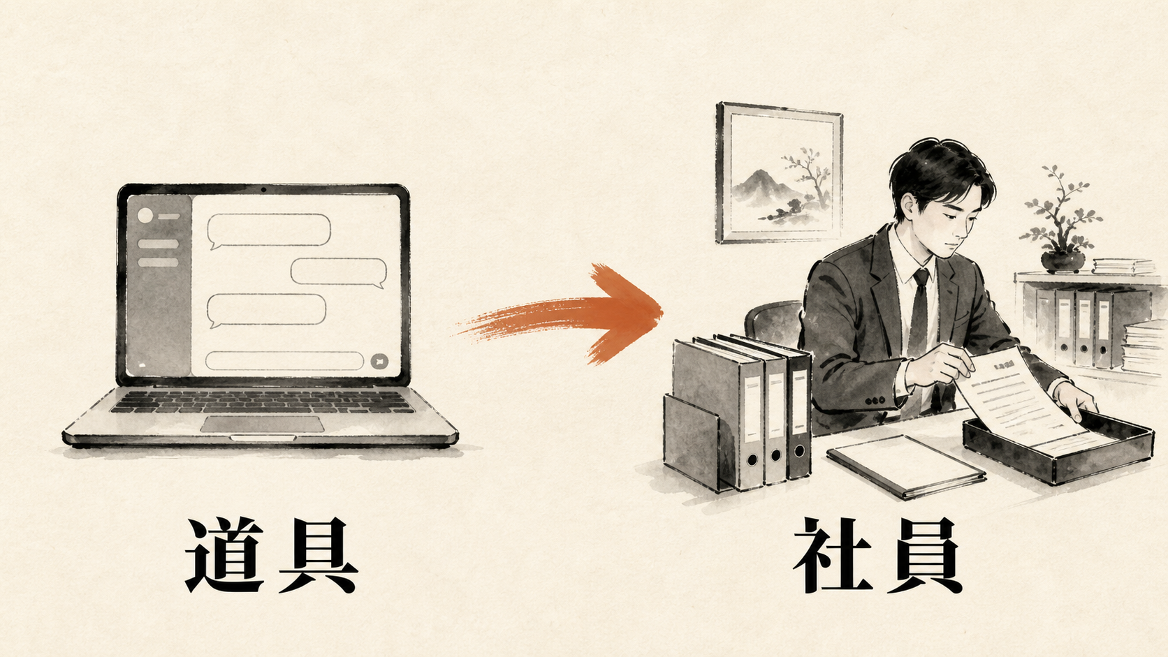チャットの相手（社外の道具）とAI社員（机を持つ社内の働き手）の対比図