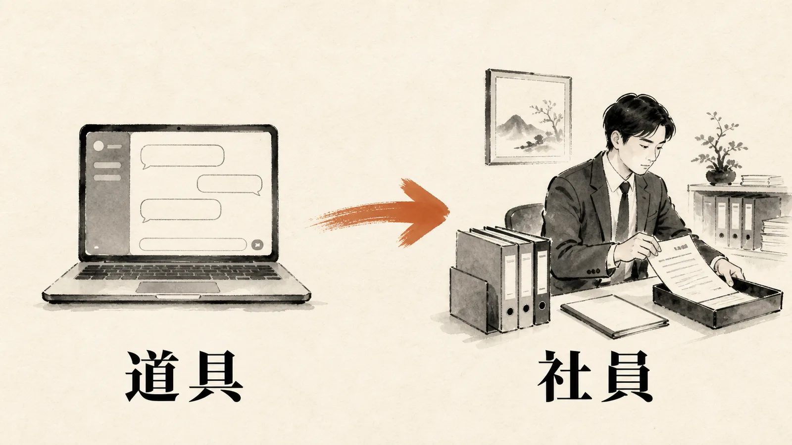 チャットの相手(社外の道具)とAI社員(机を持つ社内の働き手)の対比図