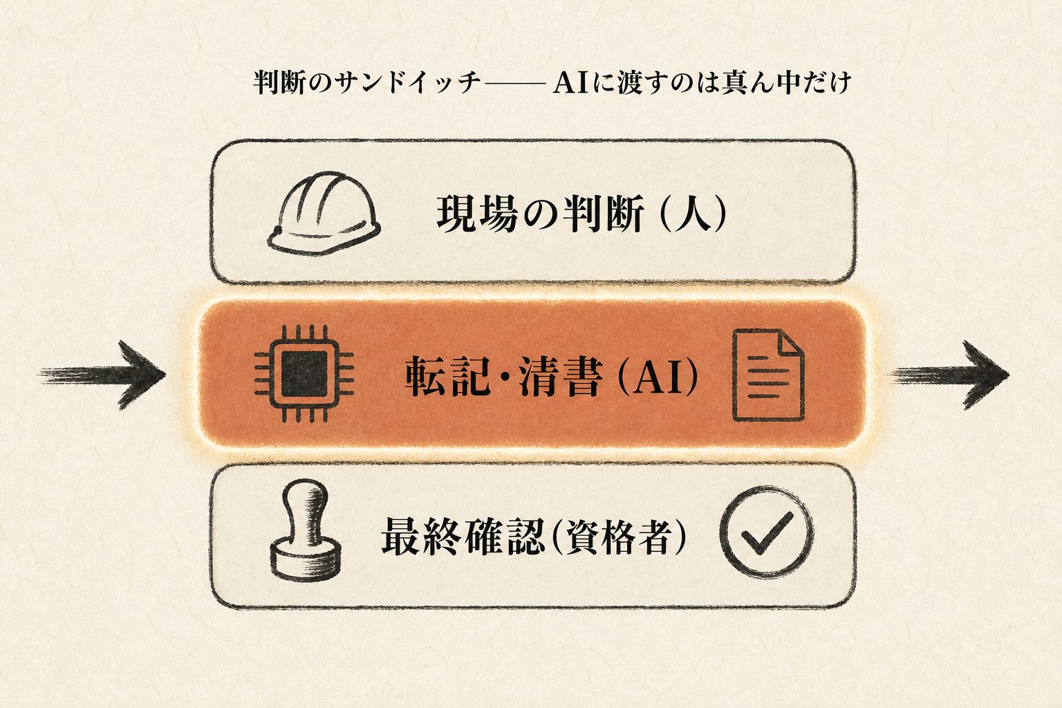 判断のサンドイッチ：現場の判断（人）→転記・清書（AI）→最終確認（資格者）
