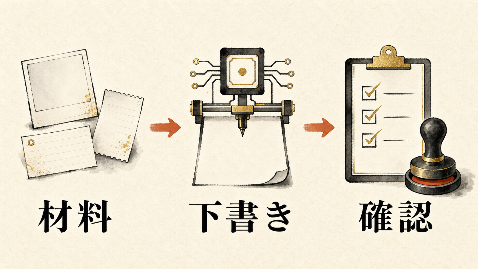 材料、下書き、確認の3ステップ