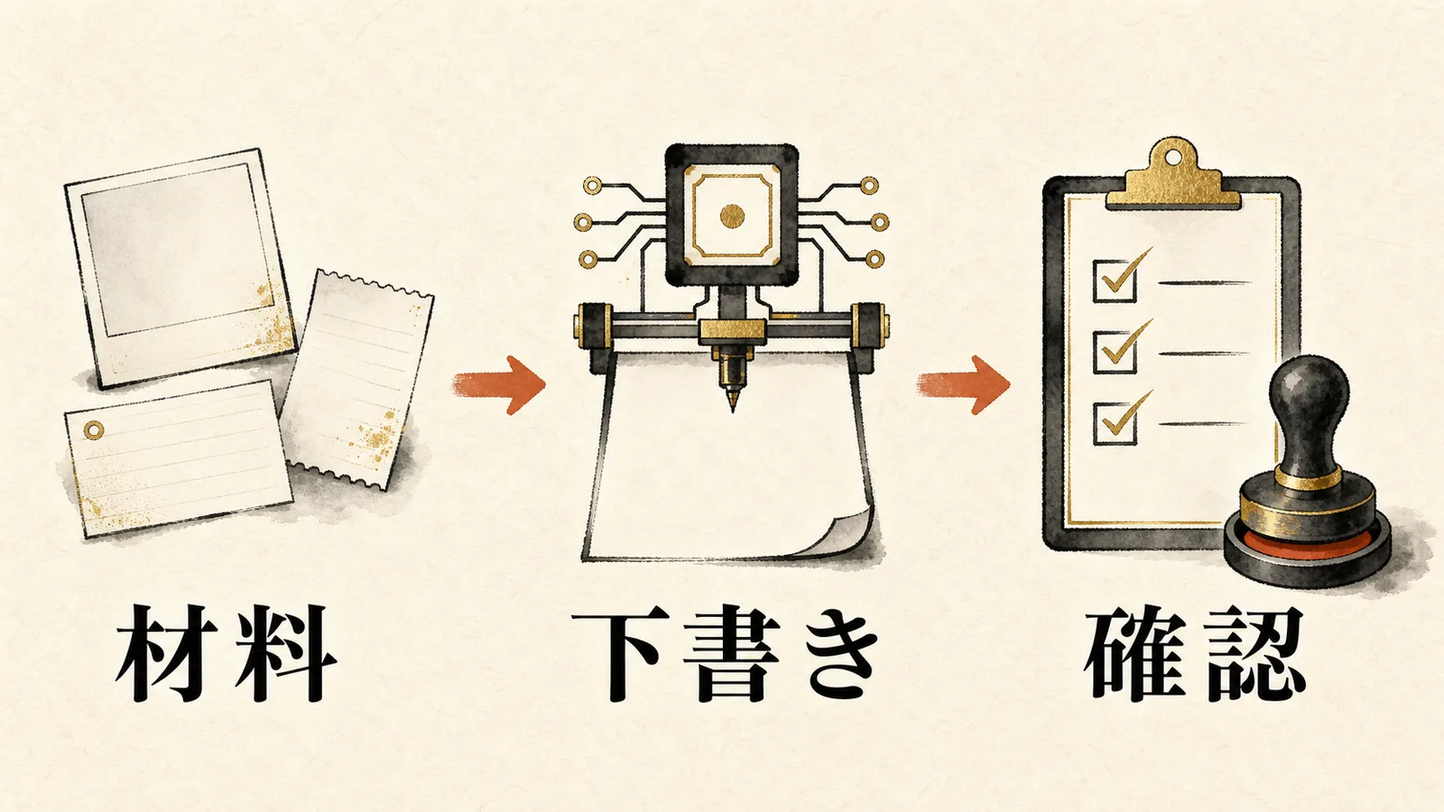 材料、下書き、確認の3ステップ