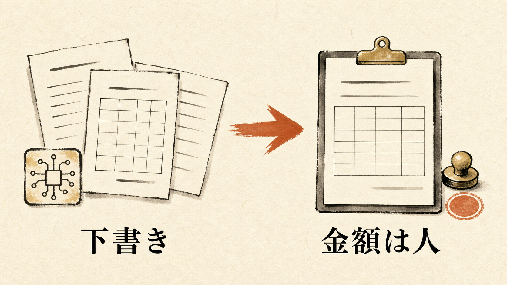 見積業務の分担図解：下書きまでがAI、金額・納期・値引き・送信の決定は人