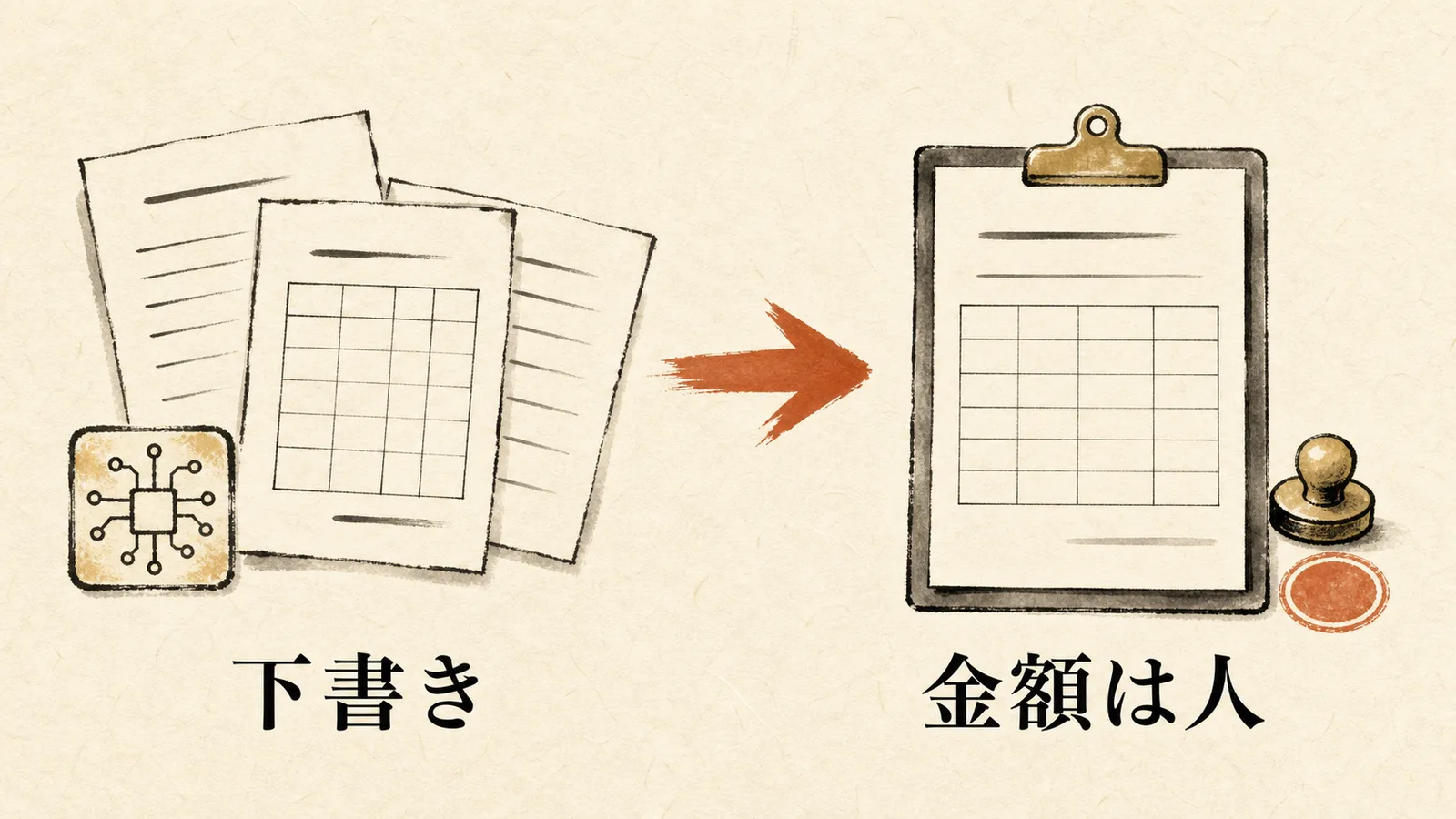 見積業務の分担図解:下書きまでがAI、金額・納期・値引き・送信の決定は人