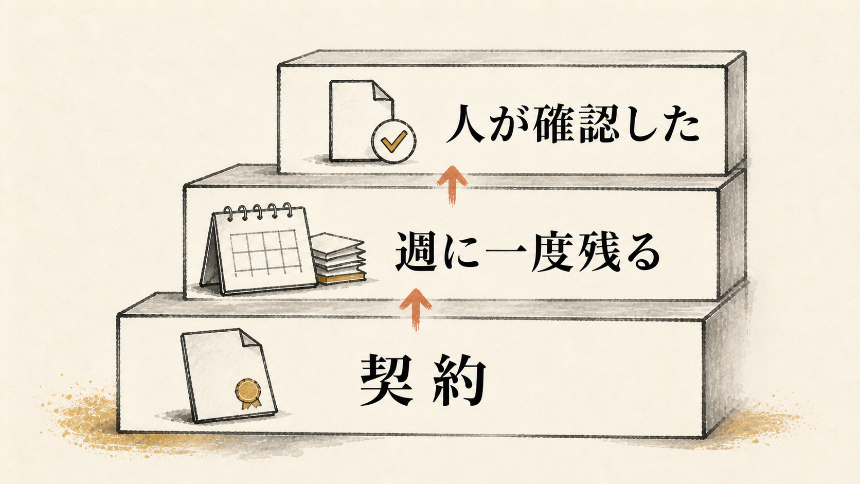 観測の3層。契約、週に一度残る、人が確認した