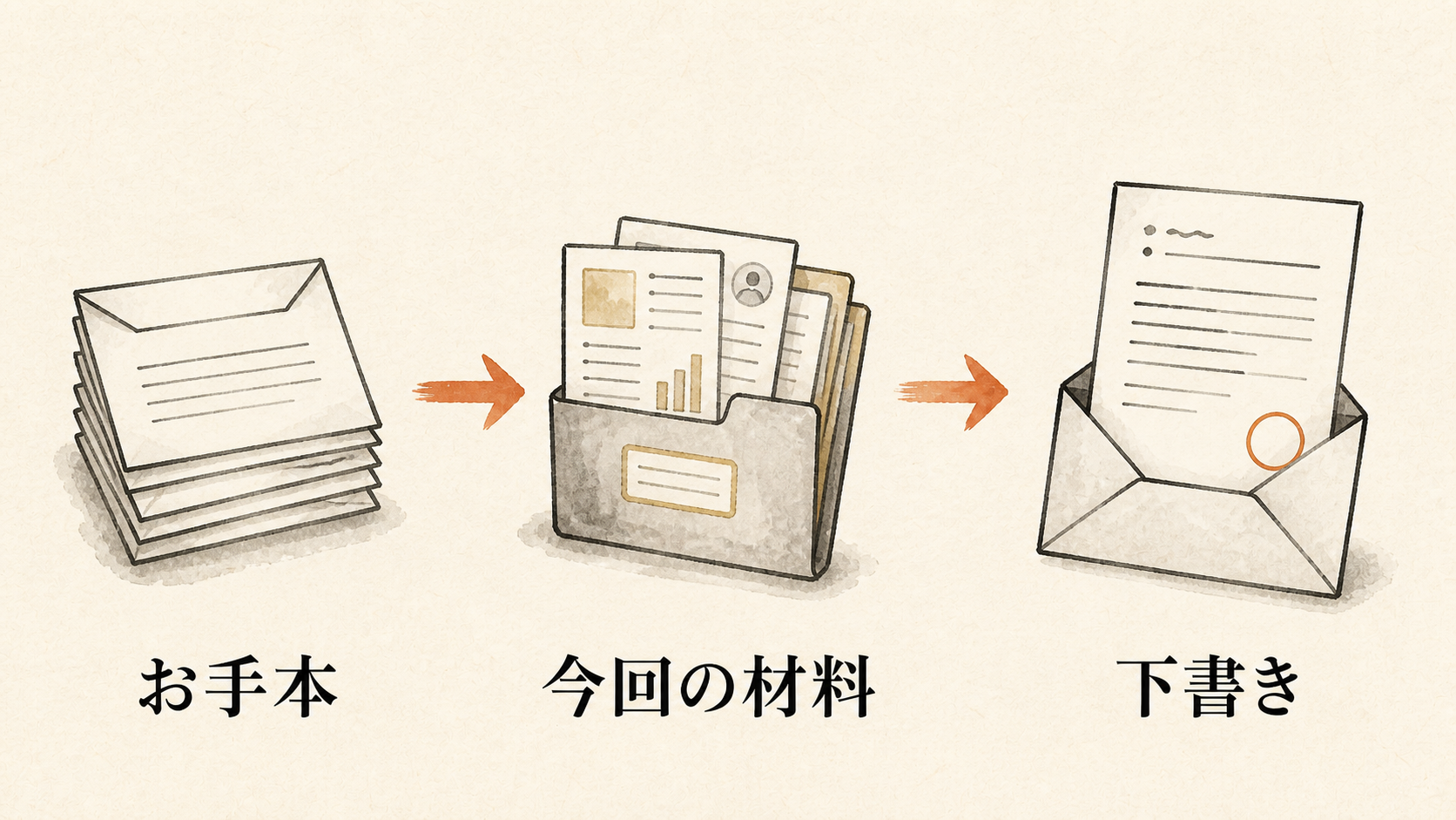 お手本、今回の材料、下書きの流れ