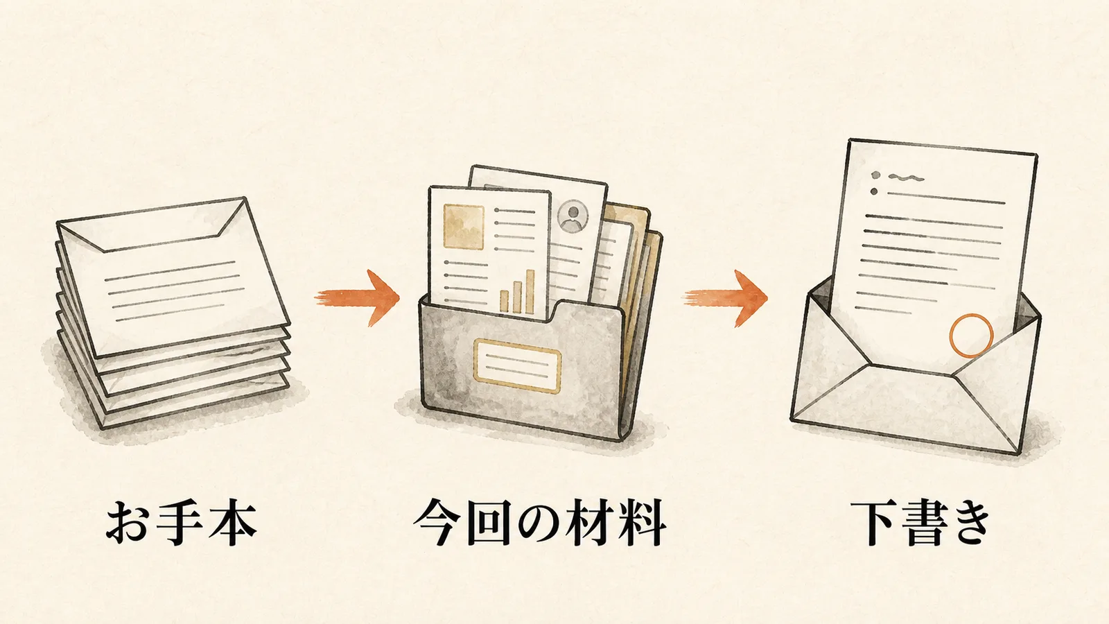 お手本、今回の材料、下書きの流れ