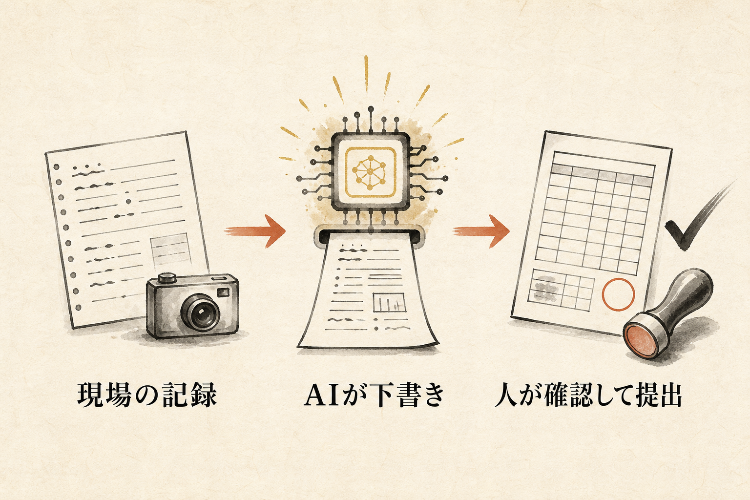 点検報告書AI化の流れ:現場の記録→AIが下書き→人が確認して提出
