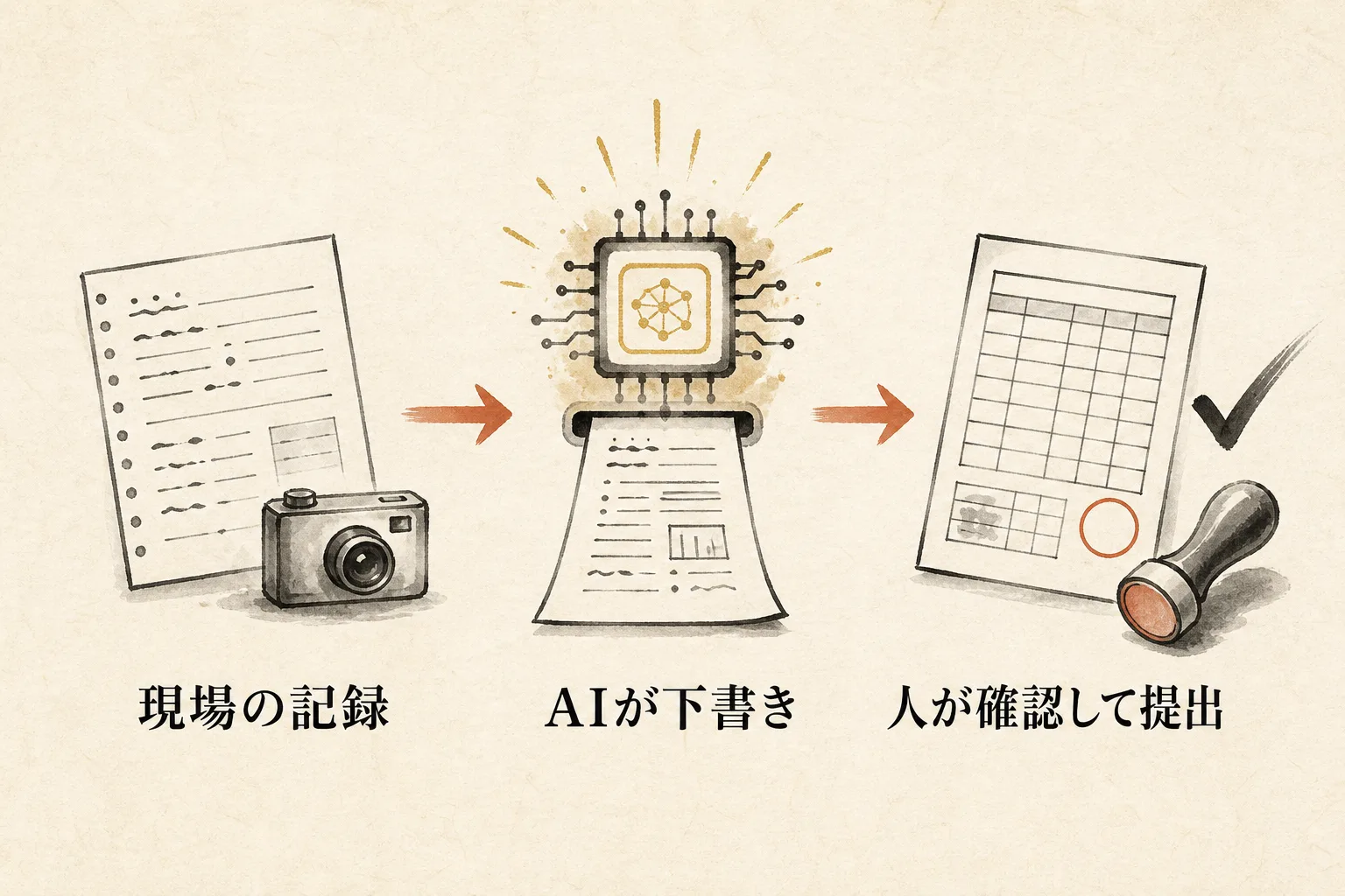 点検報告書AI化の流れ：現場の記録→AIが下書き→人が確認して提出