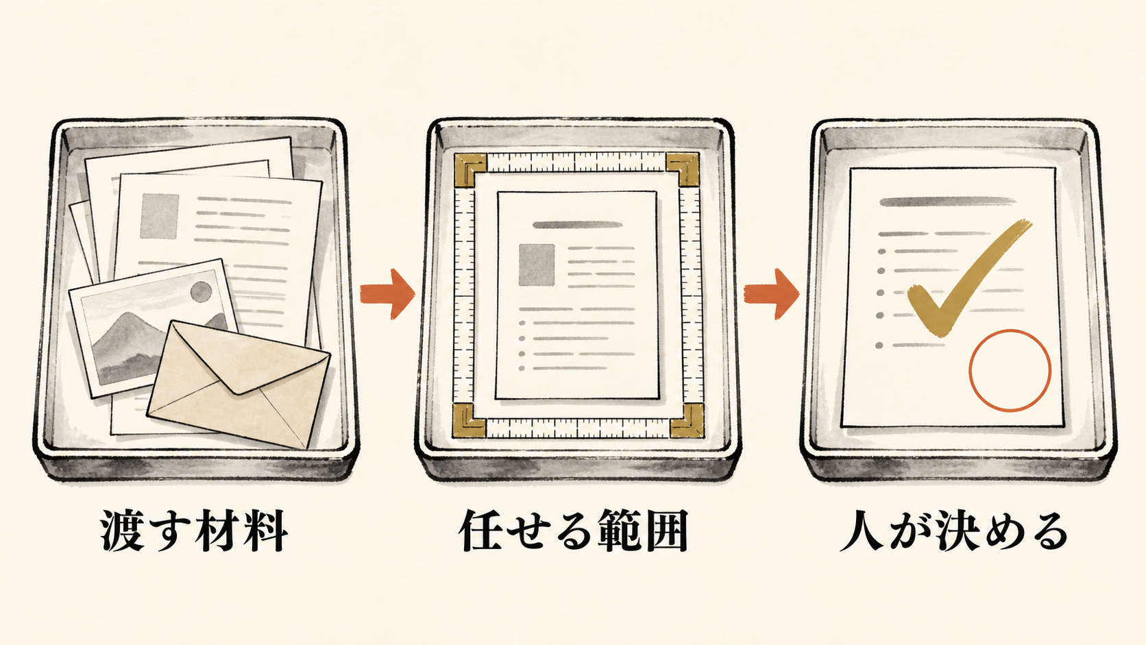 渡す材料、任せる範囲、人が決めるの3点